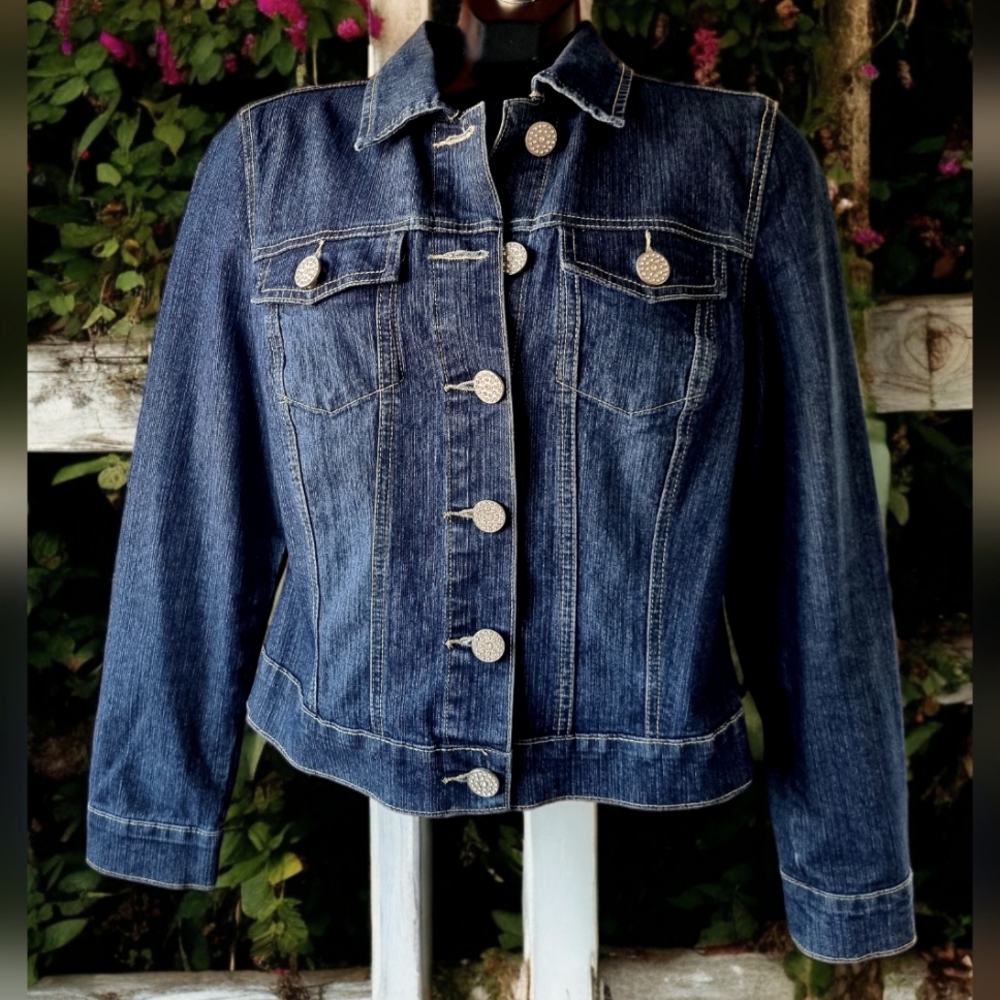 Baccini Womens Dark Blue Denim Jean Jacket With Sparkly Rhinestone Buttons